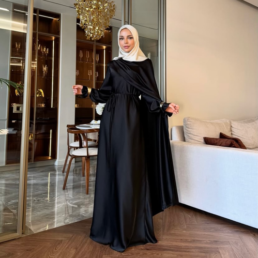 Noir Satin Drapé Dress