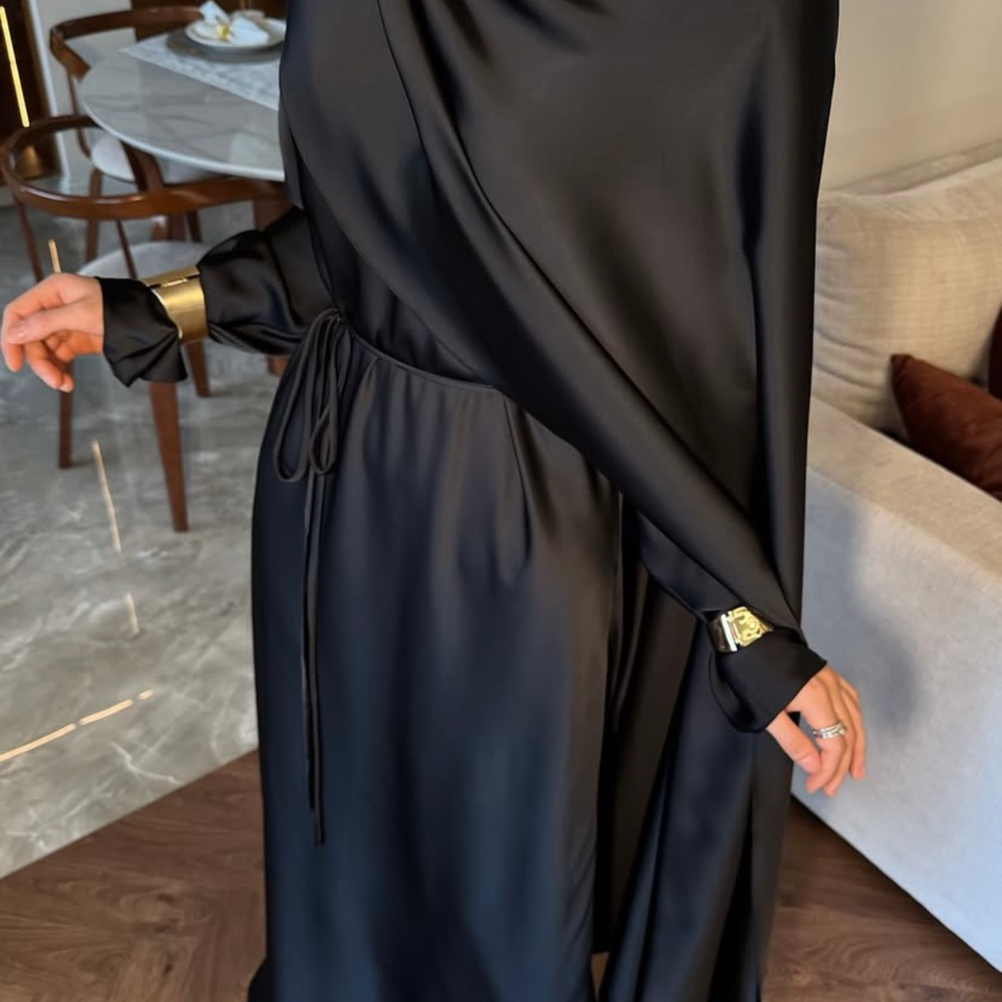 Noir Satin Drapé Dress